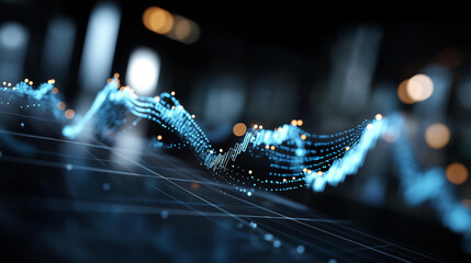 Conceptual illustration of stock market fintech blurry blue digital charts dark background display futuristic financial interface trading visualization representation