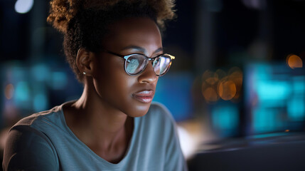 Faceless focused woman in glasses studying data code reflected on lenses software development concept cybersecurity analysis fintech research investigation work