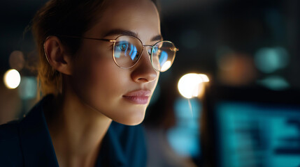 Faceless focused woman in glasses studying data code reflected on lenses software development concept cybersecurity analysis fintech research investigation work