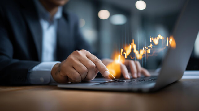 Faceless businessperson hands analyzing financial data digital stock market graphs overlay office desk with laptop modern fintech concept financial analysis work - Powered by Adobe