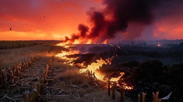 Agricultural field fire spreading across harvested crop stubble at dusk. Flames and smoke expanding across flat landscape under orange sky. Static lockdown shot.