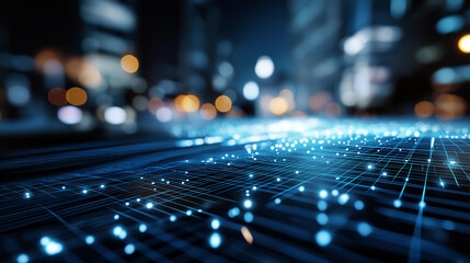 Abstract blue digital grid pattern futuristic fintech science concepts technology background glowing pixels squares network lines data flow cyberspace defocused digital