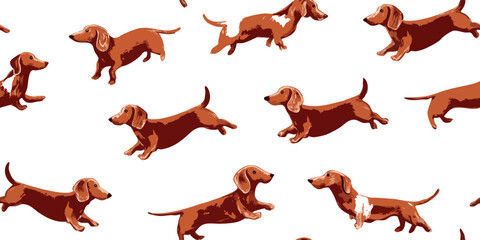 Simple, modern pattern featuring cartoon dachshund dogs in various poses in dark brown on a clean white background for fabrics, pet branding, and minimalist stationery