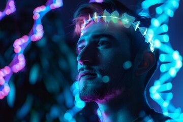Man wearing illuminated crown with glowing dna structure