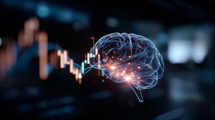 Digital brain hologram visualizing financial data candlestick charts display futuristic fintech concept investment analysis visualization artificial intelligence