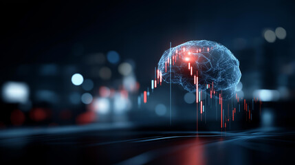 Digital brain hologram visualizing financial data candlestick charts display futuristic fintech concept investment analysis visualization artificial intelligence