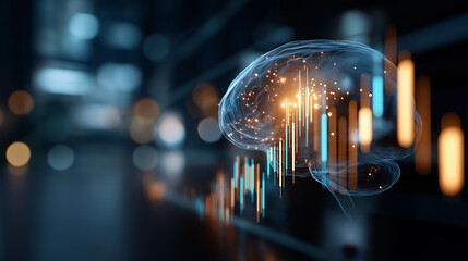 Digital brain hologram visualizing financial data candlestick charts display futuristic fintech concept investment analysis visualization artificial intelligence