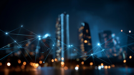Futuristic smart city skyline illuminated glowing fintech network lines secure digital transactions representation global finance connectivity urban financial technology