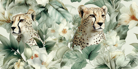 Elegant pattern featuring realistic cheetah faces among lush white and pale green tropical flowers and leaves for sophisticated fabrics, wallpapers, and luxury packaging © Eli Berr