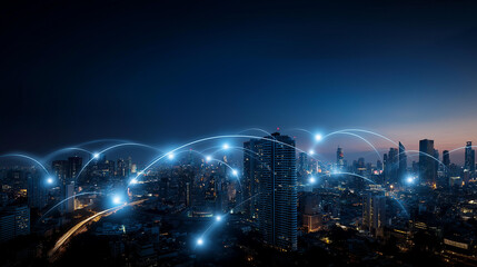 Obraz premium Futuristic smart city skyline illuminated glowing fintech network lines secure digital transactions representation global finance connectivity urban financial technology