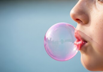Closeup and side profile of a young person blowing a large iridescent pink bubble with chewing gum against a soft blue background