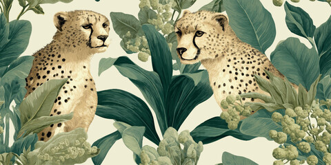 Elegant pattern featuring realistic cheetah faces among lush white and pale green tropical flowers and leaves for sophisticated fabrics, wallpapers, and luxury packaging © Eli Berr