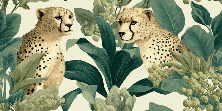 Elegant pattern featuring realistic cheetah faces among lush white and pale green tropical flowers and leaves for sophisticated fabrics, wallpapers, and luxury packaging