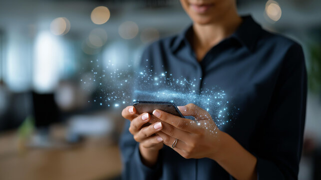 Faceless woman hands with tech overlay phone office finance research data analytics digital job cybersecurity expert fintech 3D hologram abstract defocused workplace - Powered by Adobe