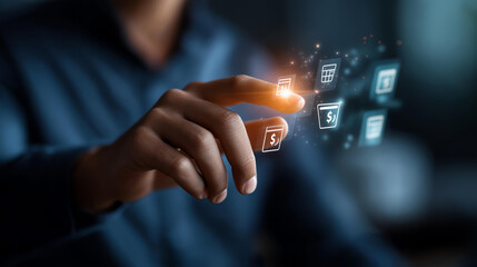 Faceless hand touching digital interface display bank card dollar icons futuristic style visualization financial technology operation secure transaction representation