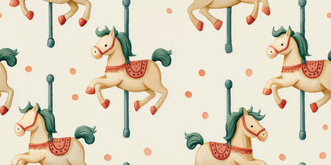Whimsical carousel horse pattern painted in soft watercolors with green, red, and beige tones and scattered apples for baby fabrics, children's apparel, and nursery decor