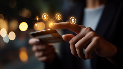 Faceless hand touching digital interface display bank card dollar icons futuristic style visualization financial technology operation secure transaction representation