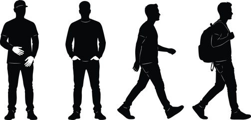 Black silhouette walking and standing pose set with casual gestures, backpack, and cap for lifestyle and motion design themes.