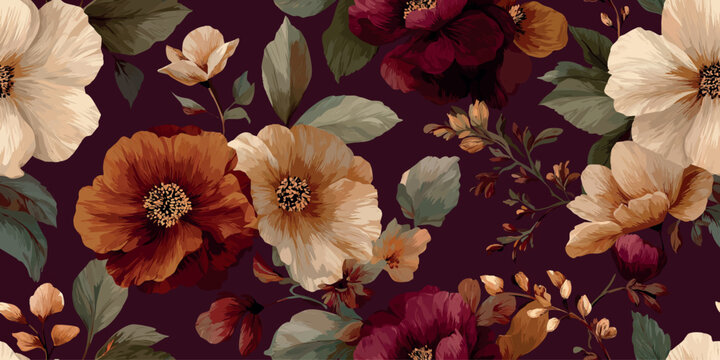 Dramatic floral pattern showcasing large, intricate flowers in jewel tones of burgundy, coral, and cream on a dark background for design, fabrics, and exclusive stationery.