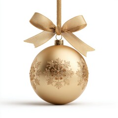 A luxurious golden Christmas bauble hangs from a shimmering gold ribbon bow Detailed snowflake patterns decorate the
