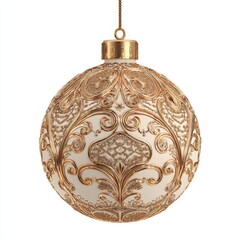 Detailed golden baroque Christmas ornament hanging on a chain Creamy white spherical decoration featuring intricate