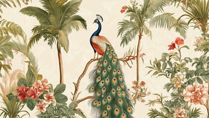 A detailed illustration of a peacock perched on a branch amidst lush tropical foliage and flowers bird