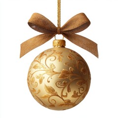 Festive golden bauble isolated on white detailed with raised metallic filigree leaves and a shimmering bow