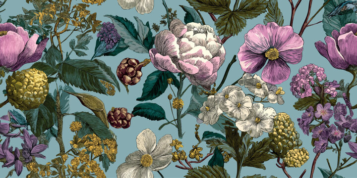 Luxurious floral pattern featuring pink peonies and diverse dark green foliage with yellow and purple accents on a dusty blue background for design, textiles, and elegant wallpapers