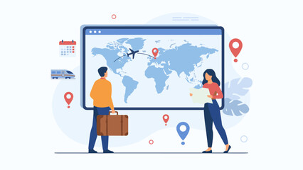 Travel planning concept. Couple looking at world map on screen. Tourists choosing destination. Man with suitcase. Woman with map. Vacation route. Online agency. Global flight path.