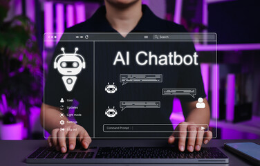 AI chatbot technology concept. Person typing with chat window representing artificial intelligence, generative AI, assistant, AI agents, customer service intelligent automation, smart communication