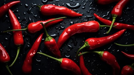 Vibrant red chili peppers arranged on a dark surface with water droplets for a striking culinary presentation