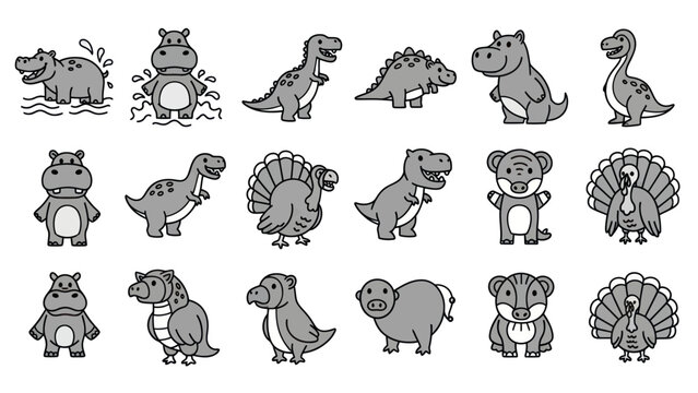 Cartoon animal illustrations dinosaurs hippos and other wildlife