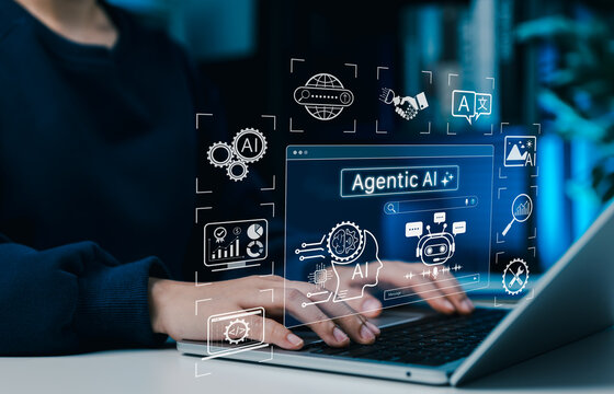Agentic AI technology concept. Woman using laptop with artificial intelligence interface, machine learning, automation tools, data analysis and smart autonomous systems for next-gen digital innovation - Powered by Adobe