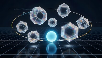 Abstract visualization of complex geometric polyhedrons orbiting a luminous core in a digital environment