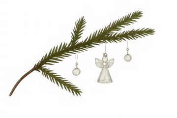 Pine branch decorated with a glass angel ornament and small white baubles, creating a festive holiday atmosphere on transparent background