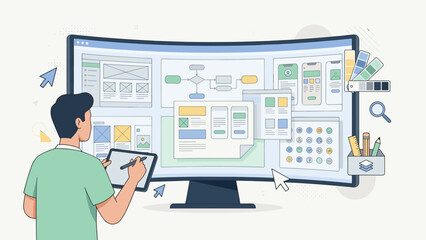 User experience UI UX design concept. Designer creating wireframe and prototype on large screen. Web development app interface workflow. Digital technology. Site planning layout scheme