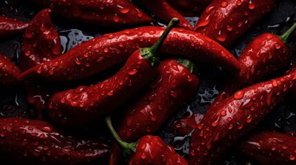 Fresh red chili peppers covered in water droplets create a vibrant and spicy food background for culinary and cooking themes