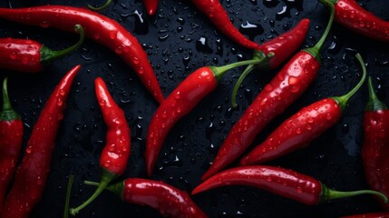 Fresh red chili peppers arranged on a dark background with water droplets creating an enticing visual texture