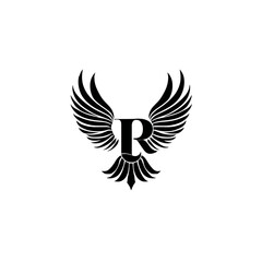 Obraz premium Elegant R letter with ornate bird wings design, premium alphabet initial icon, abstract heraldic crest concept, monochrome graphic