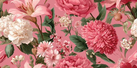 Luxurious, dense floral pattern featuring large pink and magenta peonies and white flowers painted in a lush, realistic style on a muted dusty green background for high-end fabrics © Eli Berr