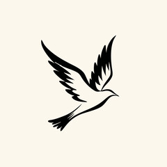 Fototapeta premium Stylized black and white flying bird illustration, minimalist vector drawing. Concept of freedom, peace, and spirituality. Simple elegant design.