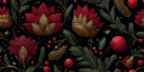 Obraz premium Luxurious Christmas pattern featuring detailed dimensional red poinsettias and holly on a muted, elegant neutral gold-beige background for sophisticated wrapping paper and fabrics
