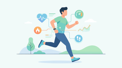 Smart wearable technology. Man running with smartwatch. Floating health metrics. Fitness tracker data. Heart rate, calories, steps. Sport activity analysis. Digital wellness. Jogger.