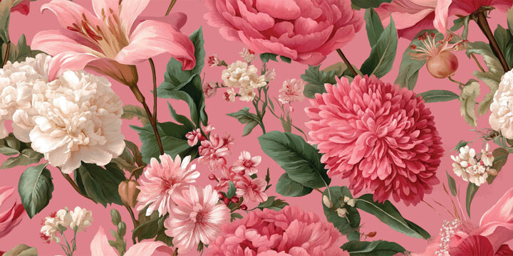 Luxurious, dense floral pattern featuring large pink and magenta peonies and white flowers painted in a lush, realistic style on a muted dusty green background for high-end fabrics