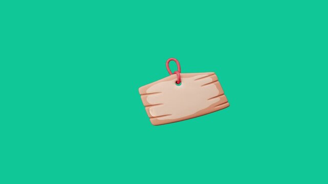 A simple wooden tag suspended by a red string, set against a soft green background. The tag shows some wood grain