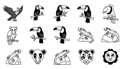 Fototapeta premium Cartoon animals illustration set vector collection black and white design