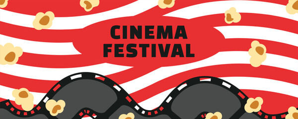 Cinema Festival Banner with Popcorn and Film Strip on Bright Red Background