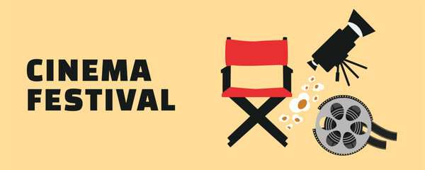 Cinema Festival Banner with Director’s Chair, Movie Camera, Popcorn and Film Reel in Flat Illustration Style