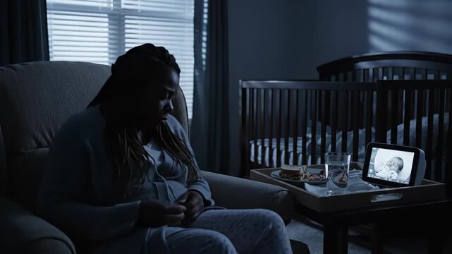 tired mother sits in nursery beside crib watching baby monitor on side table, blue window light through blinds, quiet living room recliner, empty bottle and blanket on table, exhausted posture,