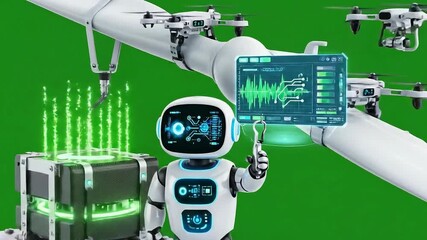 A white robot with blue accents holds a tablet displaying a graph against a green screen background with a wind turbine and drones nearby, showcasing renewable energy concepts. - Powered by Adobe